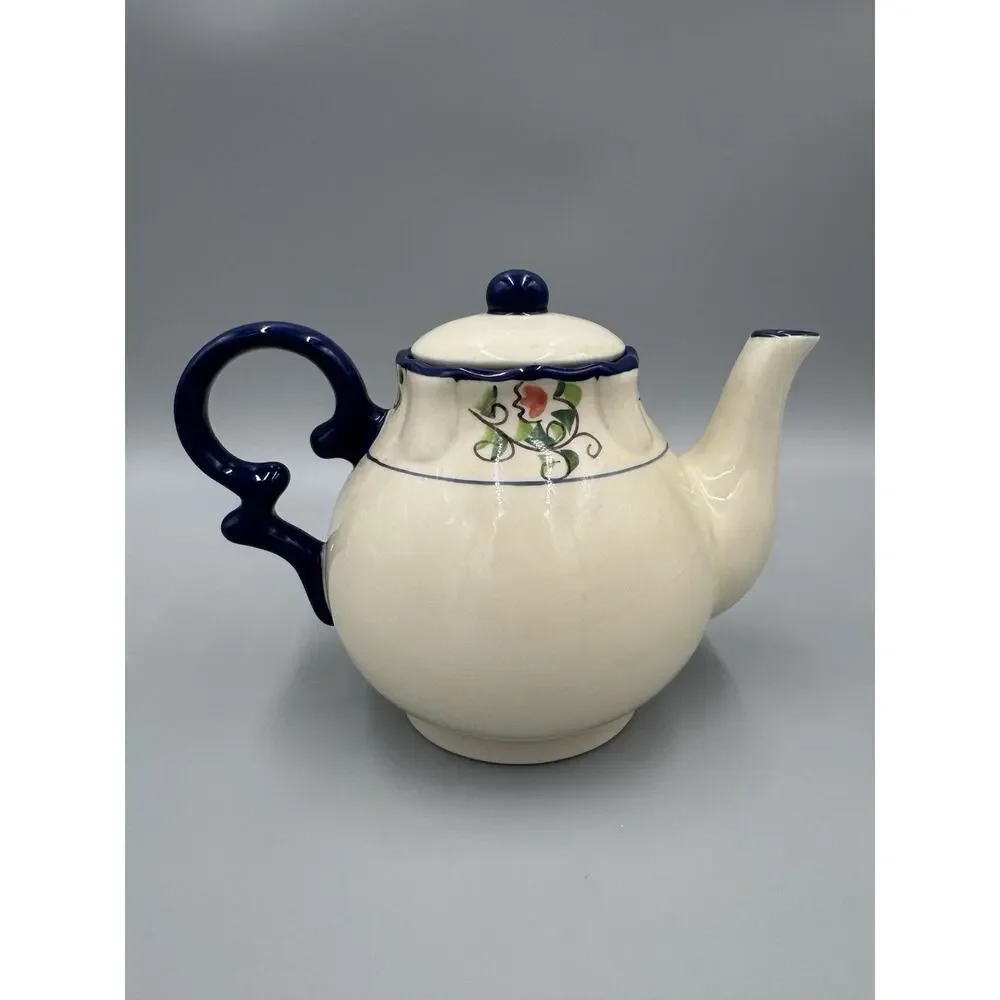 Crackle Barrel Rooster Teapot With Lid Blue Handle